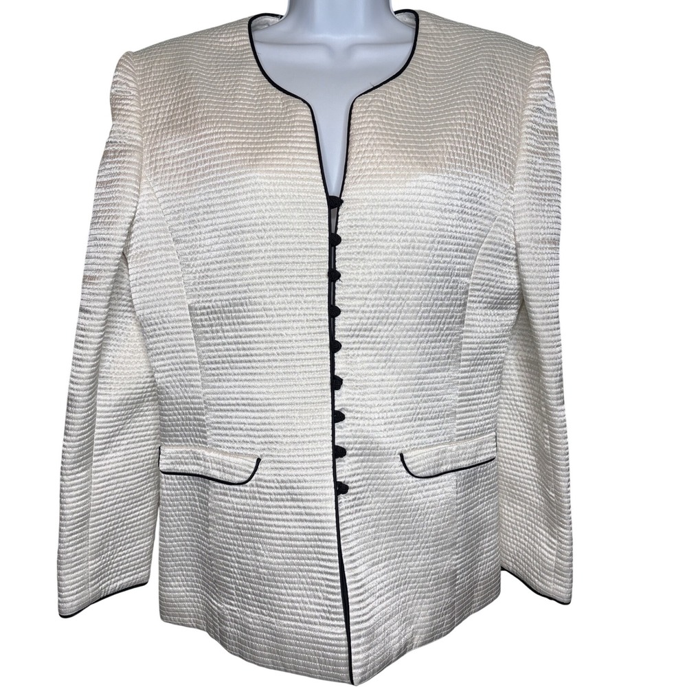 VTG 90s Mary McFadden × Saks Ivory Quilted Silk Frog-Button Blazer Sz 12